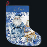 Chinoiserie Blue White Floral Christmas Santa Large Christmas Stocking<br><div class="desc">This unique christmas stocking features a beautiful Chinoiserie-inspired blue and white floral wreath,  accented with Santa Claus,  sleigh and Christmas gifts.  Personalise it easily and quickly by clicking the Edit Using Design Tool button.
  (c) The Happy Cat Studio</div>