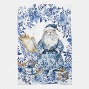 Chinoiserie Blue White Floral Christmas Santa Tea Towel