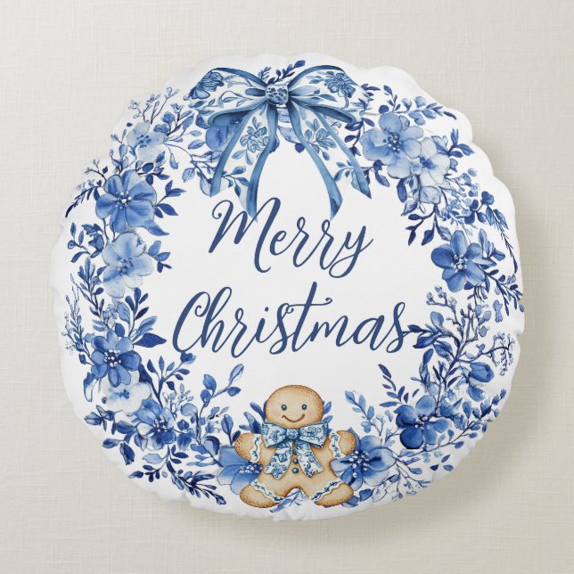 Chinoiserie Blue White Floral Gingerbread Man Round Cushion (Front)