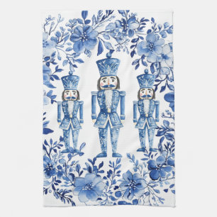 Chinoiserie Blue White Floral Nutcracker Christmas Tea Towel