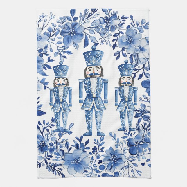 Chinoiserie Blue White Floral Nutcracker Christmas Tea Towel (Vertical)