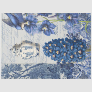 Chinoiserie Blue White Flower Jar Script Ephemera Tissue Paper