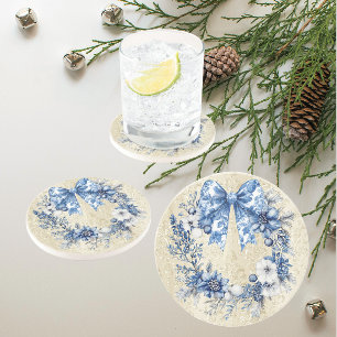 Chinoiserie Blue White Holiday Wreath  Coaster