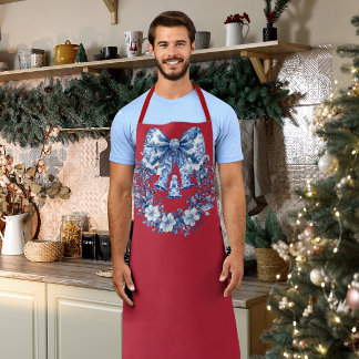 Chinoiserie Blue White Red Wreath Bell Large Apron