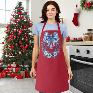 Chinoiserie Blue White Red Wreath Bell Medium Apron