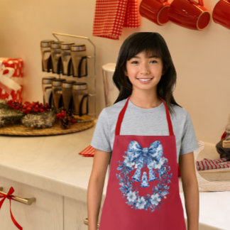 Chinoiserie Blue White Red Wreath Bells Small Apron