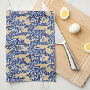 Chinoiserie Blue White Tan Rabbit Bunny Pattern Tea Towel