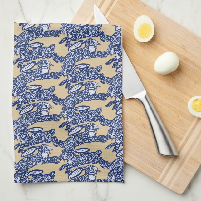 Chinoiserie Blue White Tan Rabbit Bunny Pattern Tea Towel (Quarter Fold)