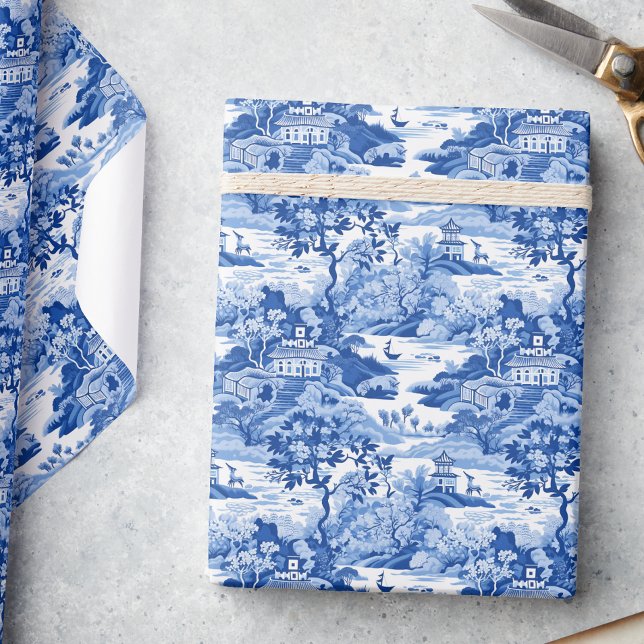 Chinoiserie Blue & White Toile Pagodas Wrapping Paper (Creator Uploaded)