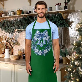 Chinoiserie Blue White Wreath Bells Large Apron