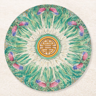 Chinoiserie Bok-Choy China Pattern Inspired Round Paper Coaster