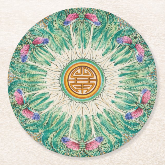 Chinoiserie Bok-Choy China Pattern Inspired Round Paper Coaster (Front)
