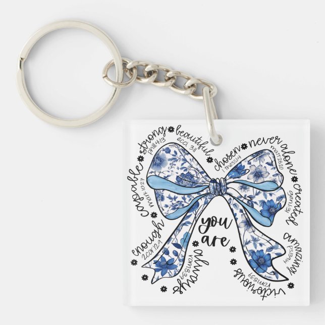 Chinoiserie Bow Blue Floral  Positive  Key Ring (Front)