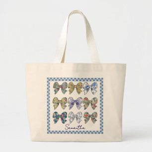 Chinoiserie Bows Chequerboard Pattern Large Tote Bag