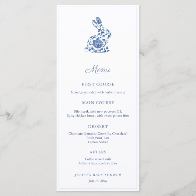 Chinoiserie Bunny Blue And White Baby Shower Party Menu (Front)