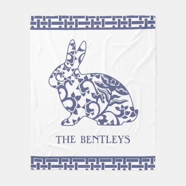 Chinoiserie Bunny Rabbit  Fleece Blanket (Front)