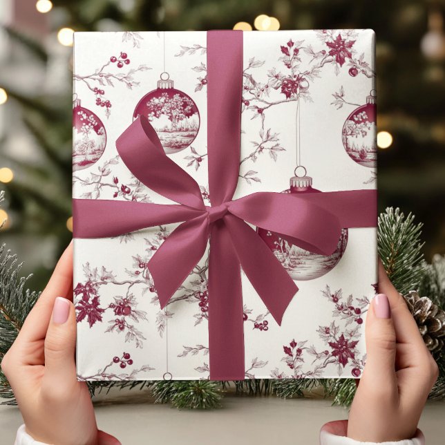 Chinoiserie Burgundy & White Christmas Ornament Wrapping Paper (Creator Uploaded)