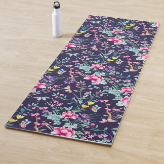 Chinoiserie butterflies, birds flowers navy blue yoga mat
