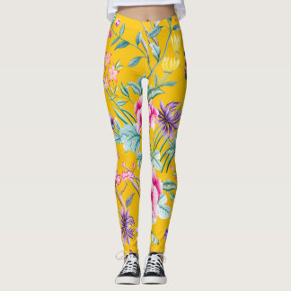 Chinoiserie butterflies, birds flowers yellow leggings