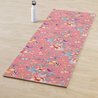 Chinoiserie butterflies, flowers salmon pink yoga mat