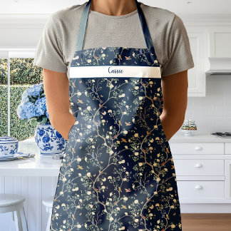 Chinoiserie Camellia Garden on Navy Blue Apron