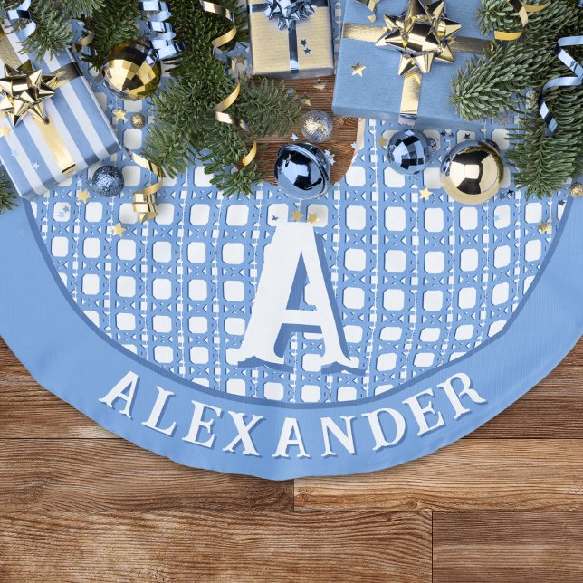 Chinoiserie Cane Trellis in Blue Personalised Faux Linen Tree Skirt (Creator Uploaded)