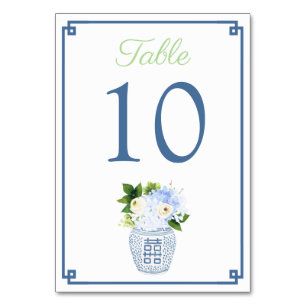 Chinoiserie Chartreuse Green Navy Blue Wedding Table Number