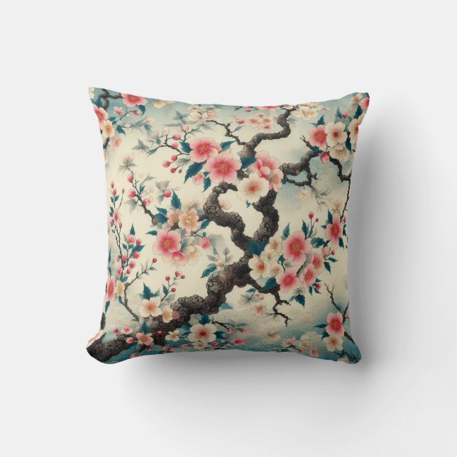 Chinoiserie Cherry Blossom Sakura Pattern Cushion (Front)