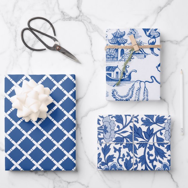 Chinoiserie Chic Bamboo | Blue and White Wrapping Paper Sheet (Front)