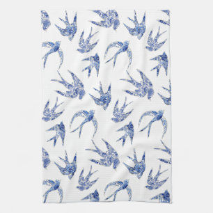 Chinoiserie Chic Bird Swallows Blue n White Mosaic Tea Towel