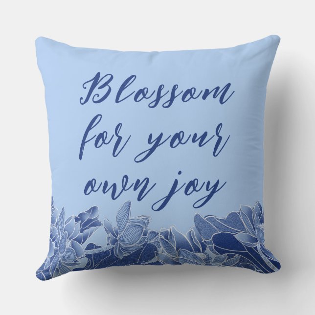 Chinoiserie Chic Blue Floral Lotus Positive Quote  Cushion (Back)
