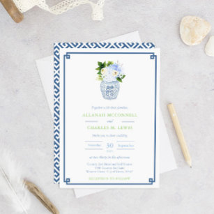 Chinoiserie Chic Blue & Green Ginger Jar Wedding Invitation