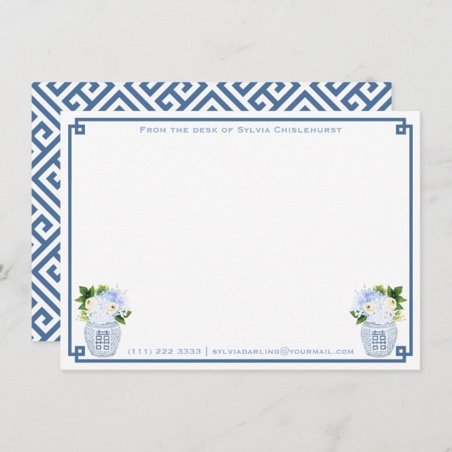 Chinoiserie Chic Blue Green Personalised Greek Key Thank You Card (Front/Back)
