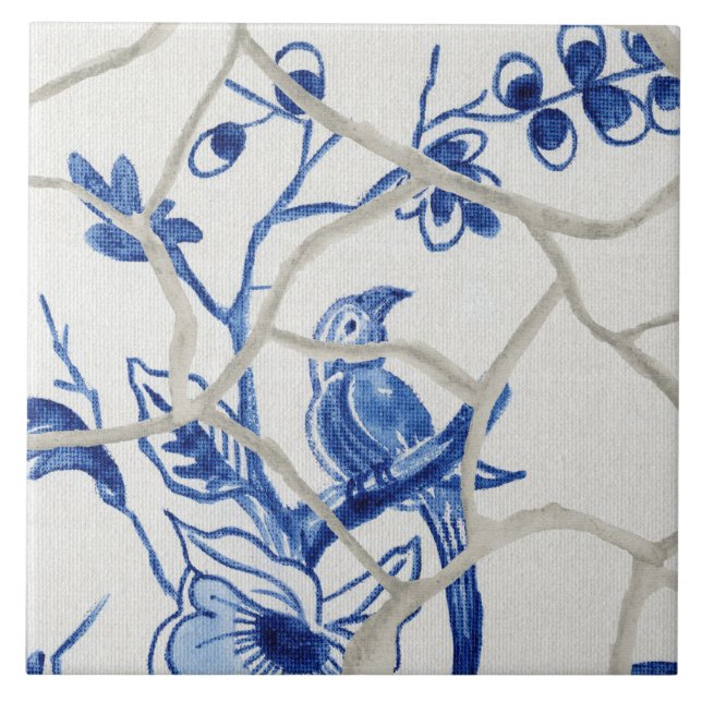 Chinoiserie Chic Blue White Chinese Bird Floral Ceramic Tile (Front)