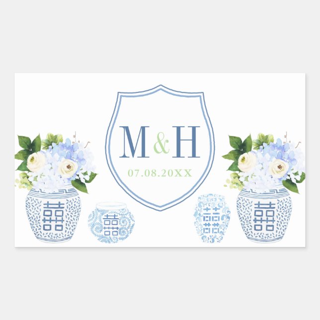 Chinoiserie Chic Blue & White Wedding Crest Favour Rectangular Sticker (Front)