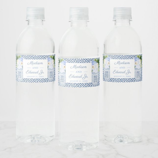Chinoiserie Chic Blue & White Wedding Shower Party Water Bottle Label (Bottles)