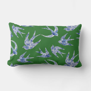 Chinoiserie Chic Floral Birds Blue Green Swallows Lumbar Cushion
