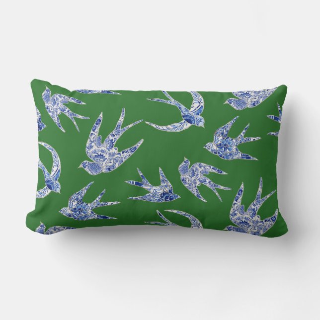 Chinoiserie Chic Floral Birds Blue Green Swallows Lumbar Cushion (Front)