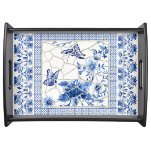 Chinoiserie Chic Floral Leaf Blue White Butterfly Serving Tray
