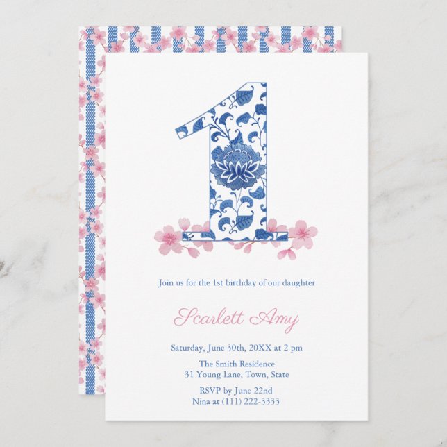 Chinoiserie Chic Little Girl 1st Birthday Party Invitation (Front/Back)