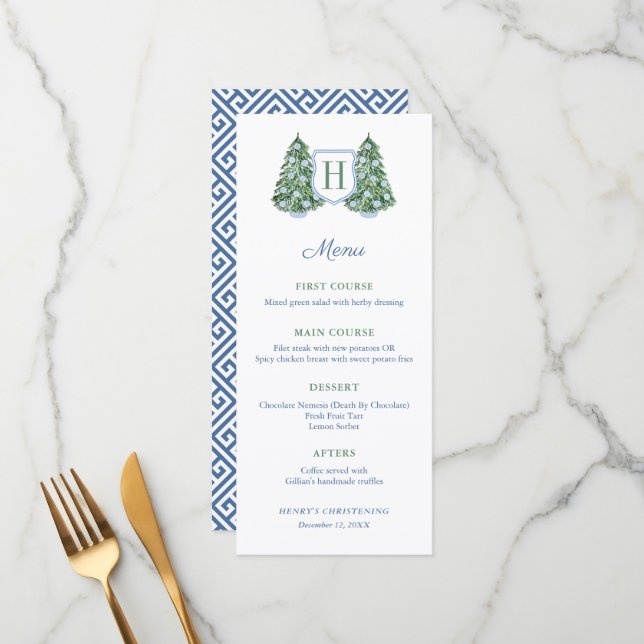 Chinoiserie Chic Monogram Winter Baptism Party Men Menu (Front/Back In Situ)