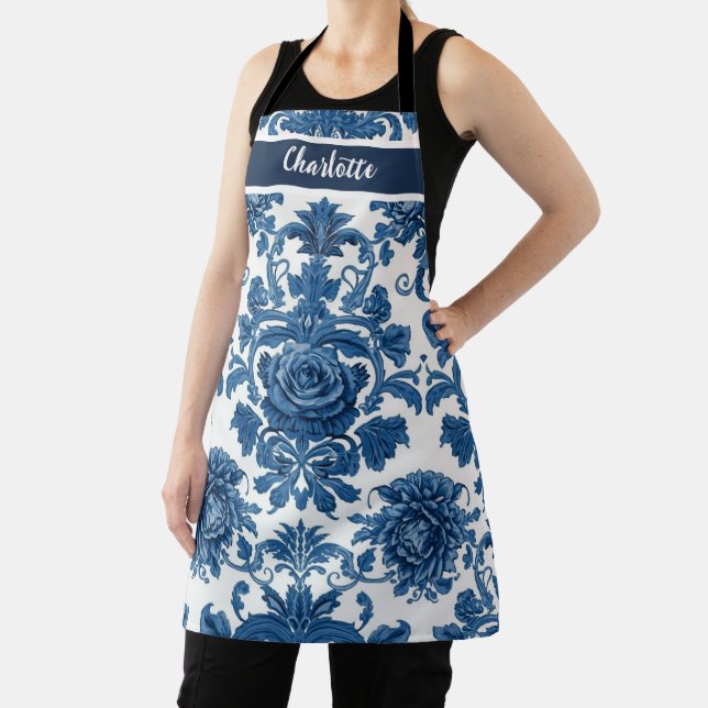 Chinoiserie Chic Navy Blue Flower Ornament Pattern Apron (Insitu)