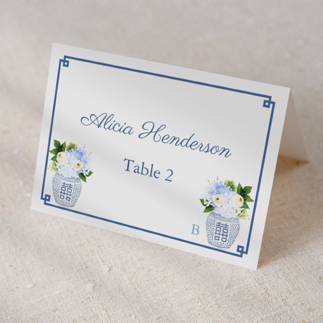 Chinoiserie Chic Navy White Wedding Place Card (Elegant chinoiserie chic blue and white individual place card design)