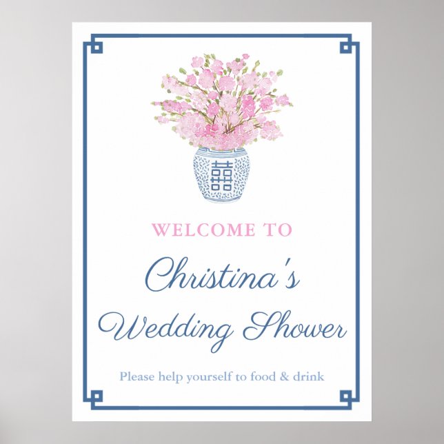 Chinoiserie Chic Pink and Navy Blue Wedding Shower Poster (Front)