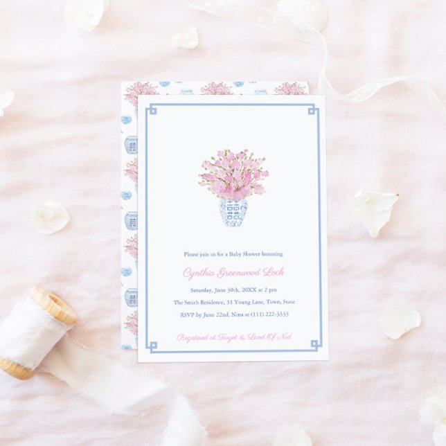 Chinoiserie Chic Pink Blue Girl Baby Shower Party Invitation (Creator Uploaded)