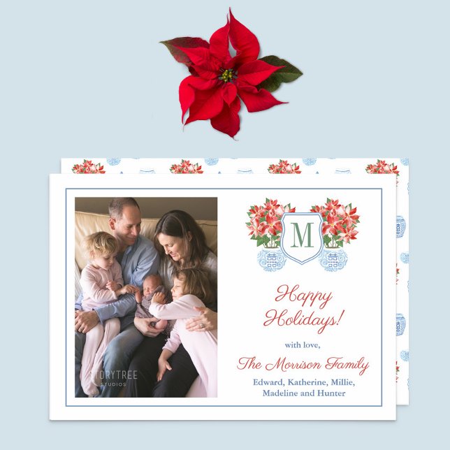 Chinoiserie Chic Poinsettia Family Photo Christmas Holiday Card (Holidays Card Design: Elegant Red Poinsettia in ginger jar planter, monogram crest & family photo. )