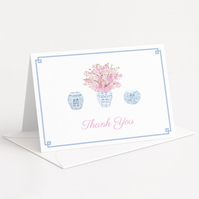 Chinoiserie Chic Sky Blue And Pink Bridal Shower Thank You Card (watercolor blue and white chinoiserie vase filled with pink sakura cherry blossom stems)