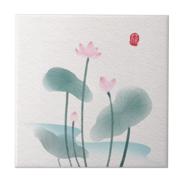 Chinoiserie Chinese Ink Wash Painting Lotus Floral Ceramic Tile (Front)