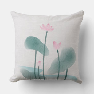 Chinoiserie Chinese Ink Wash Painting Lotus Floral Cushion