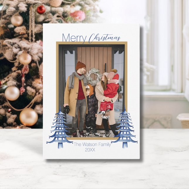 Chinoiserie Christmas Dusty Blue Pagoda 1-Photo  Holiday Card (Chinoiserie Christmas Dusty Blue Pagoda 1-Photo Holiday Card)